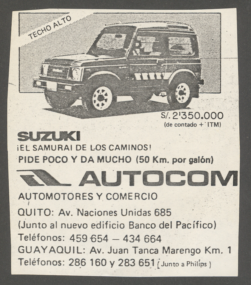 19870400 découpure de journal de la Suzuki Samurai Quito Ecuador.jpg